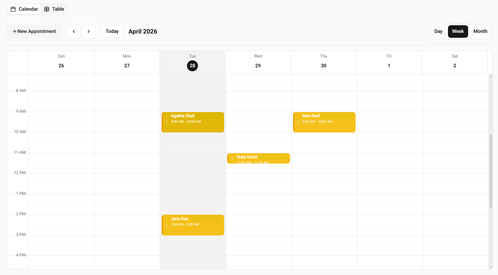 Illustrative Legion weekly appointment calendar with scheduled appointments