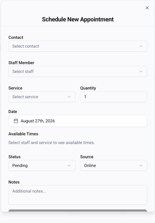 Legion appointment form with contact, staff, service, date, available time, status, and source fields